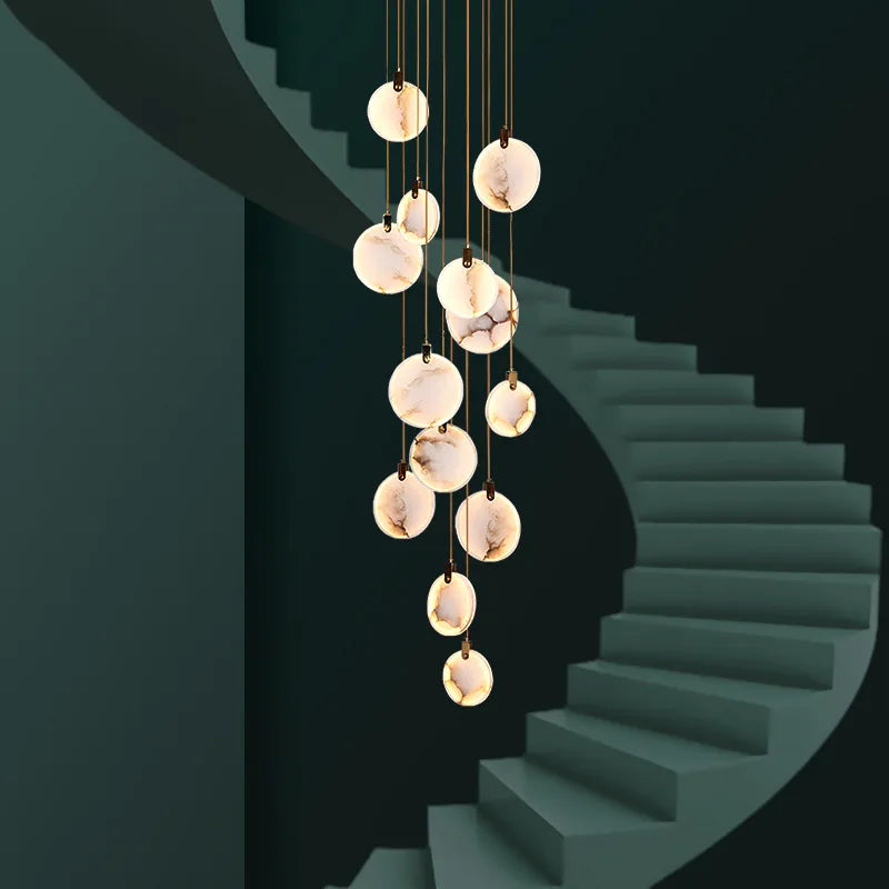 Spiralförmige Alabaster-Gold-Kronleuchter, dimmbar, für hohe Räume, Treppenhäuser, Flure, über dem Tisch, Villen und Eingangsbereiche, LED-Beleuchtung | Sansoti