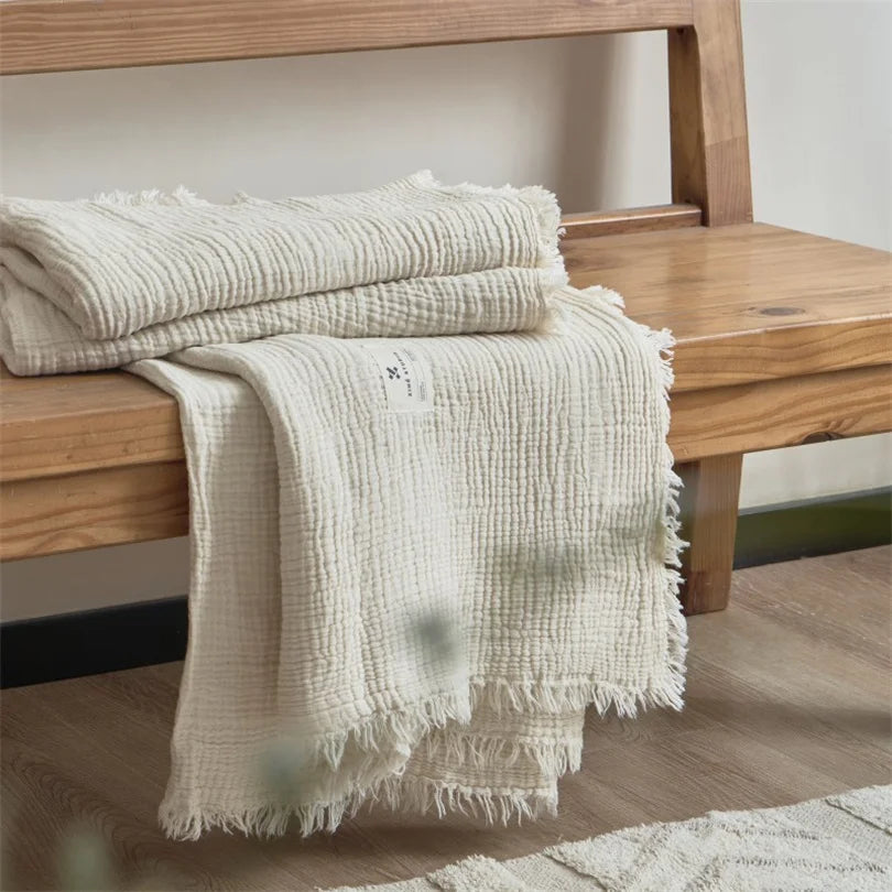 Musselin-Plaid mit Quasten, reine Baumwolle, sechslagig gewebte Decke für Sofa, Bett und Klimaanlage, Wohnzimmer und Schlafzimmer, stilvoll | Sansoti