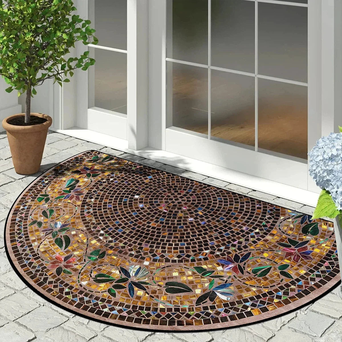 Semicircular Doormat Vintage Mosaic Pattern Non-Slip Outdoor Mat Balcony Entrance Porch Patio 60x90cm Weather-Resistant | Sansoti