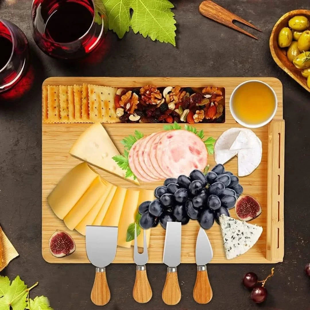 Bamboe Serveerplank met Geïntegreerde Messenhouder & Kaasmessen voor Kaasplankje Hapjes Presentatie Borrel | Sansoti
