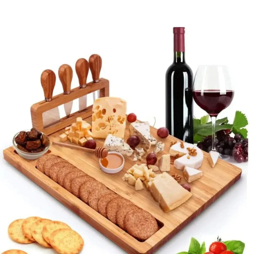 Bamboe Serveerplank met Geïntegreerde Messenhouder & Kaasmessen voor Kaasplankje Hapjes Presentatie Borrel | Sansoti