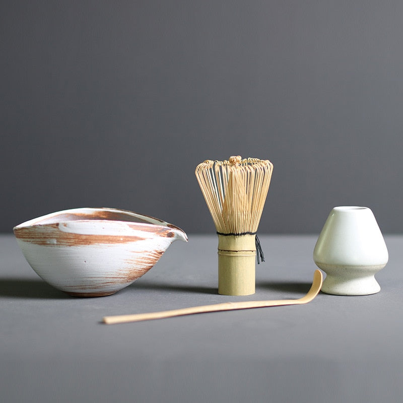 Juego de té matcha japonés de 4 piezas de bambú y cerámica para la ceremonia tradicional, con batidor, cuenco, cuchara y utensilios para el té | Sansoti