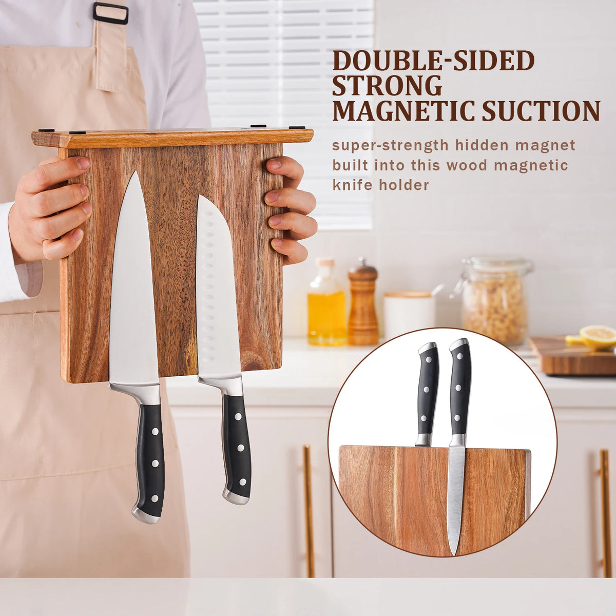 Porte-Couteaux Magnétique Bois d'Acacia Bloc à Couteaux Cuisine Support de Table Rangement Sans Perçage Bloc Naturel | Sansoti