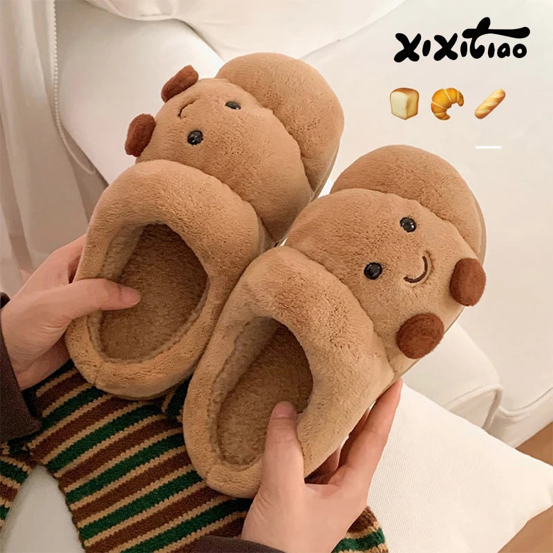 Croissant Plush House Slippers Unisex Non-Slip Warm Winter Shoes Indoor Soft Comfort Slippers | Sansoti