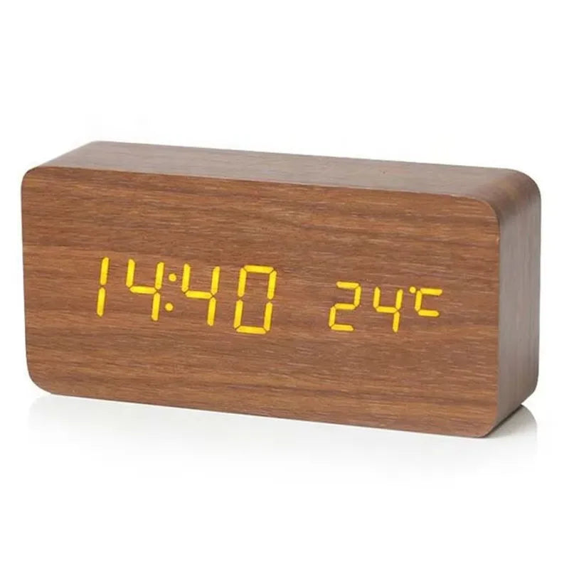 Digital Alarm Clock Wood Look LED Bamboo Black Brown Temperature USB Bedroom Desk 3 Alarms Adjustable Brightness 12/24h Table Clock | Sansoti
