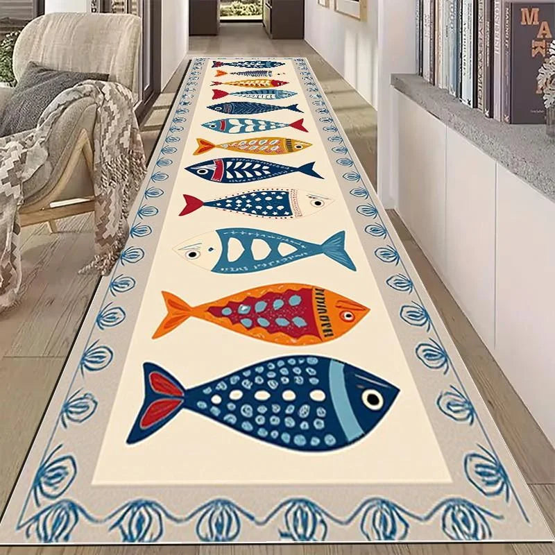 Gangloper - VIKAMA Cartoon Fish Runner Rug Nautisch Patroon Antislip Wasbaar Lange Vloermat Hal Gang Ingang Keuken Decor Tapijt