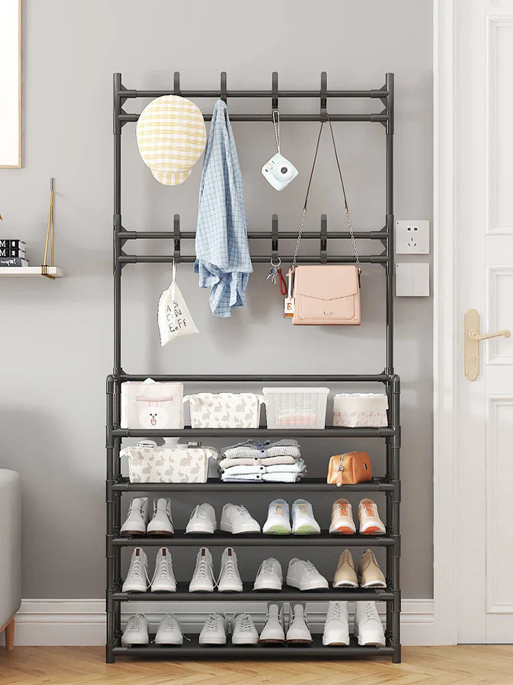 Shoe Rack with Coat Rack Black 5 Layers Steel Hall Organizer | Sansoti
