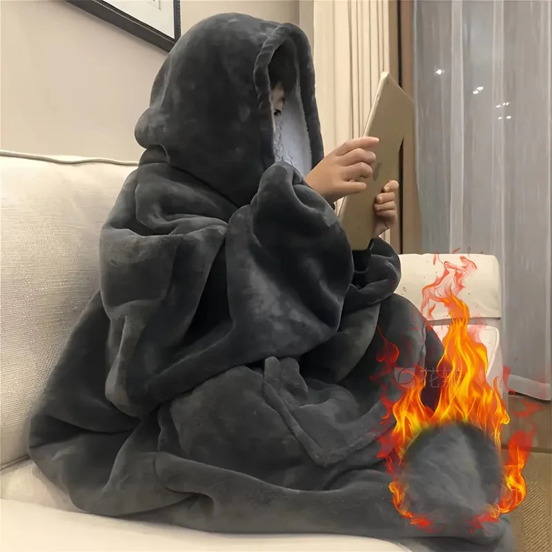 Reversible Hoodie Blanket Fleece Wearable with Pocket Oversized House Robe Loungewear Comfortable Homewear | Sansoti