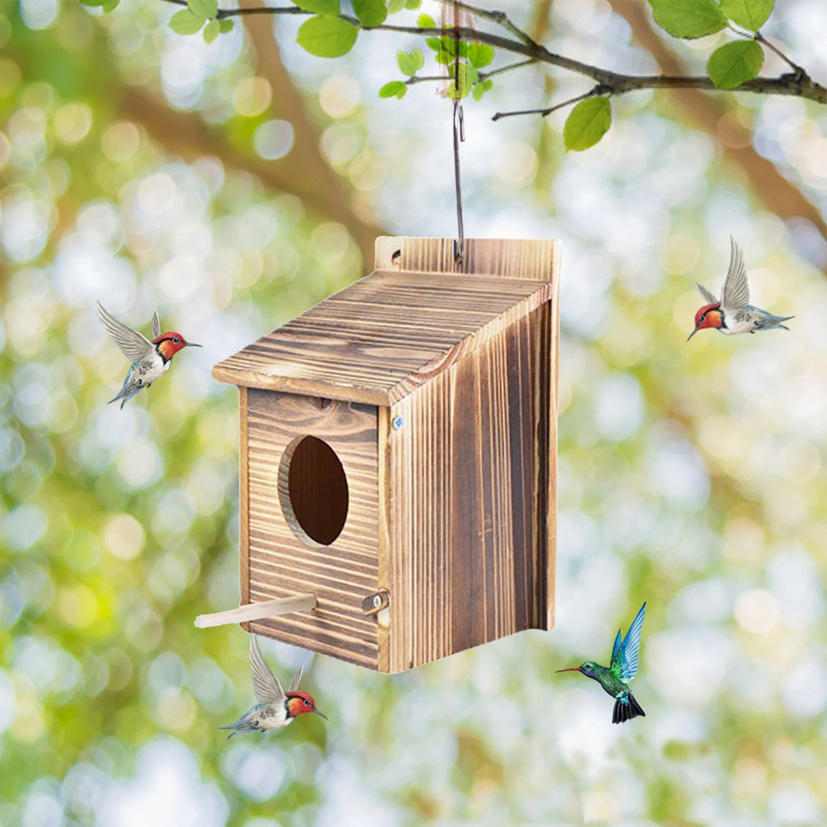 Birdhouse Wood Hanging Outdoor Weatherproof 22x15cm Garden Bird Nest Nest Box Tits Decorative Natural | Sansoti