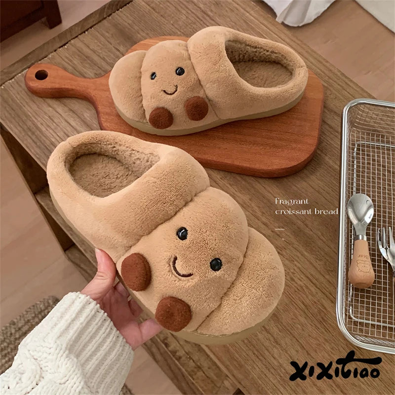 Croissant-Plüschhausschuhe, Unisex, rutschfest, warme Winterschuhe für drinnen, weiche und bequeme Pantoffeln | Sansoti