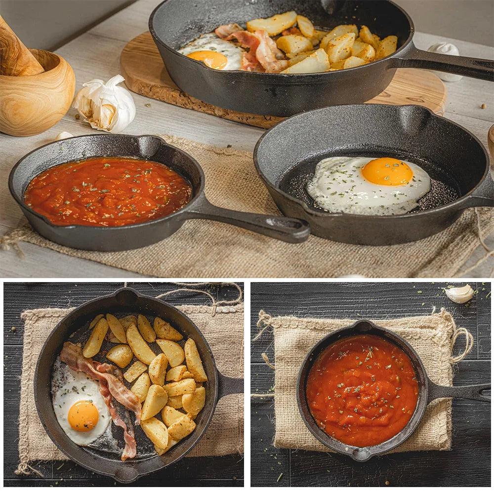 Juego de sartenes de hierro fundido, 3 piezas, 16-20-26cm, para inducción y gas, sin revestimiento, sartén para asar, tortillas y salteados, negro | Sansoti