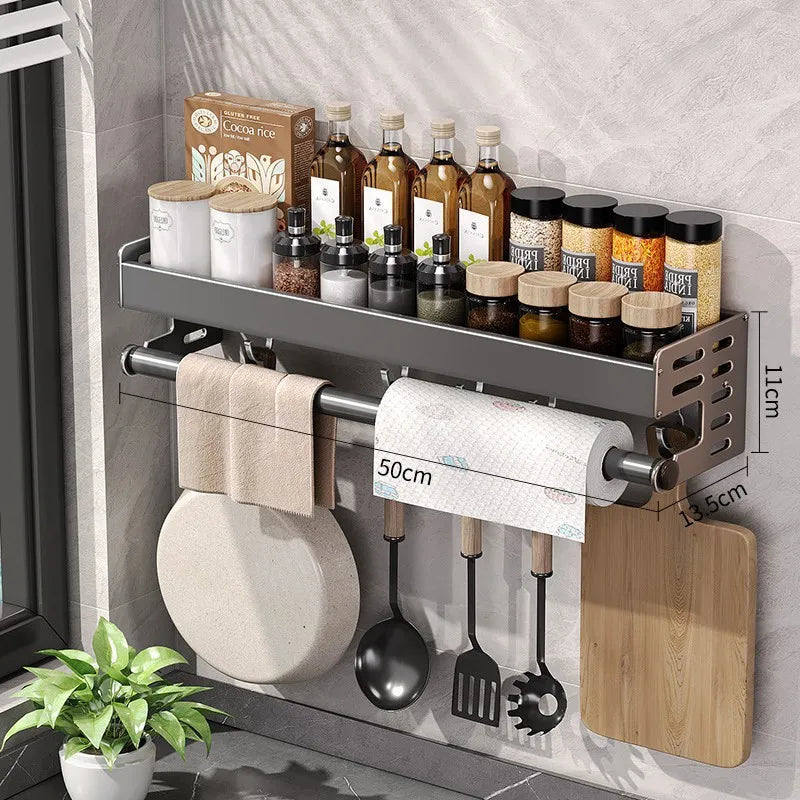 Aluminiowy kuchenny regał ścienny 30–50 cm w kolorze gunmetal, półka na przyprawy bez wiercenia, wieszak, organizer kuchenny, uchwyt na noże do montażu na ścianie | Sansoti
