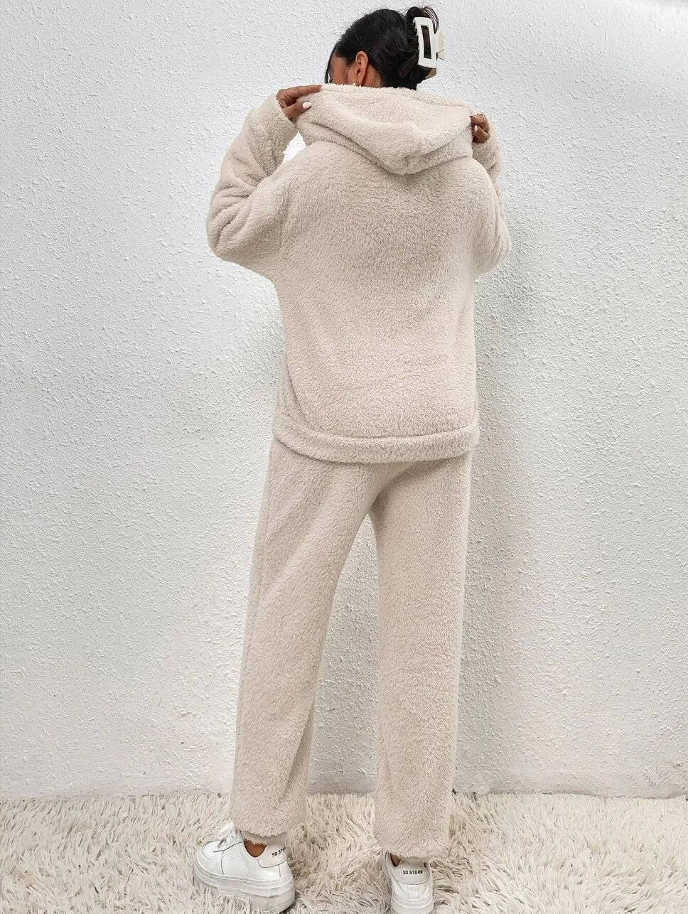 Ensemble d’intérieur en polaire teddy à capuche pour femmes, gris, beige ou vert, tenue d’hiver deux pièces avec pantalon doux | Sansoti