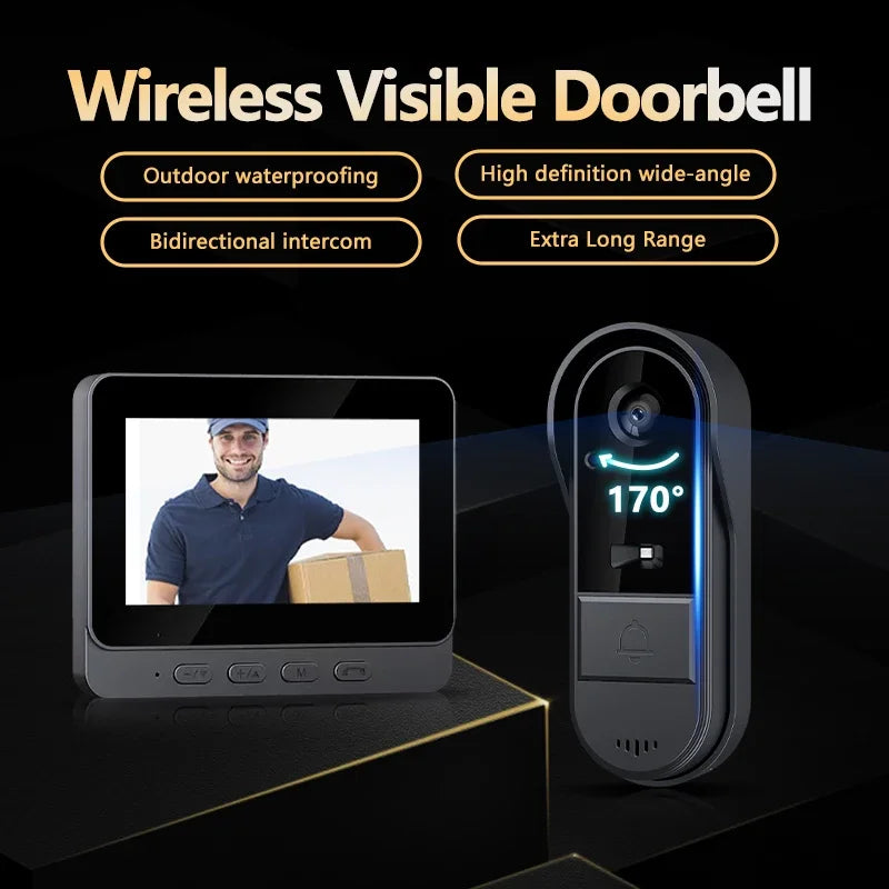 Wireless Video Doorbell with 4.3-inch Screen Night Vision 170° HD Intercom Waterproof for Home Security | Sansoti