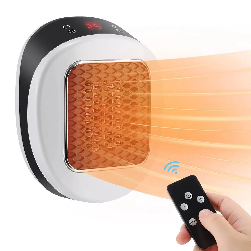 Calefactor compacto de enchufe de 600W con mando a distancia, temporizador y pantalla LED para dormitorio y oficina | Sansoti