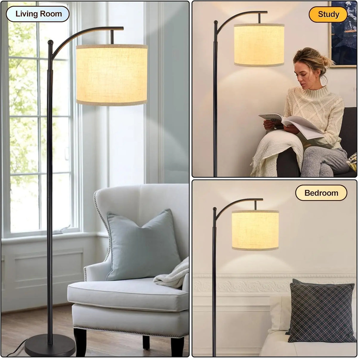 Bogen-Stehlampe mit Stoffschirm 3 Lichtfarben LED Modern Wohnzimmer | Sansoti