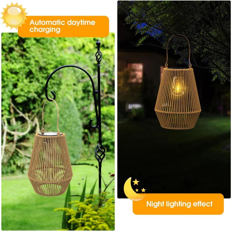 Rattan Solar Lantern with LED Lighting for Garden and Terrace - Waterproof IP65 with Automatic Dusk Sensor | Sansoti