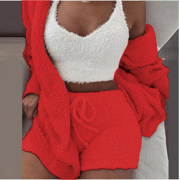 Knitted Three-Piece Lounge Set Women’s Cropped Top Vest Trousers Warm Winter Loungewear Comfortable Relaxation | Sansoti