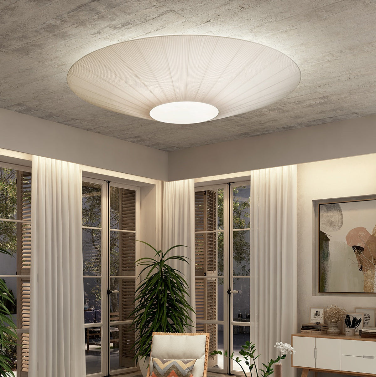 Ceiling Lamp Oriental Style Fabric Shade Soft Lighting for Dining Room Living Room Dimmable 3 Sizes | Sansoti