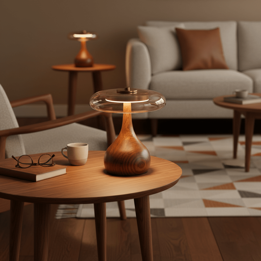 Tischleuchte mit gebogenem Holzfuß und bernsteinfarbenem Glasschirm – modernes skandinavisches Design – warmweißes Licht – Plug-in, 150-cm-Kabel – ø 8,7" – 2 Höhen | Sansoti