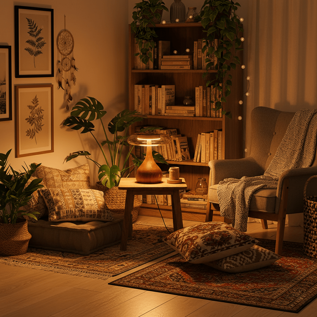 Tischleuchte mit gebogenem Holzfuß und bernsteinfarbenem Glasschirm – modernes skandinavisches Design – warmweißes Licht – Plug-in, 150-cm-Kabel – ø 8,7" – 2 Höhen | Sansoti