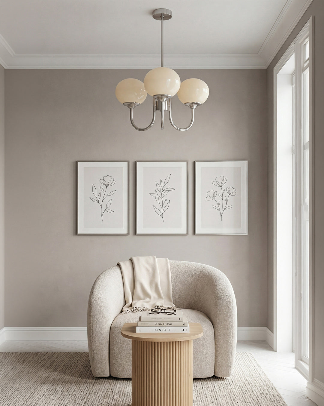Mid-Century Glass Chandelier with Globe Shades and Polished Metal Finish – Available in Copper and Chrome with Colored Glass – 3 or 5 Arms with Adjustable Rod System | Sansoti