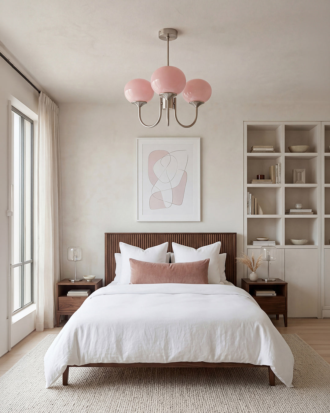 Mid-Century Glass Chandelier with Globe Shades and Polished Metal Finish – Available in Copper and Chrome with Colored Glass – 3 or 5 Arms with Adjustable Rod System | Sansoti