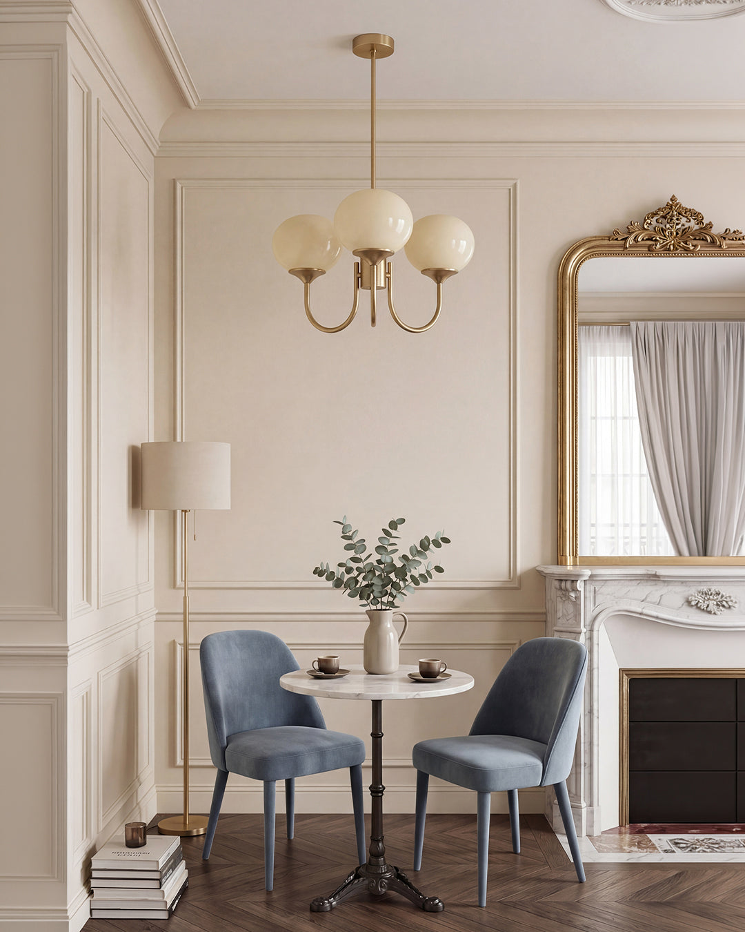 Mid-Century Glass Chandelier with Globe Shades and Polished Metal Finish – Available in Copper and Chrome with Colored Glass – 3 or 5 Arms with Adjustable Rod System | Sansoti