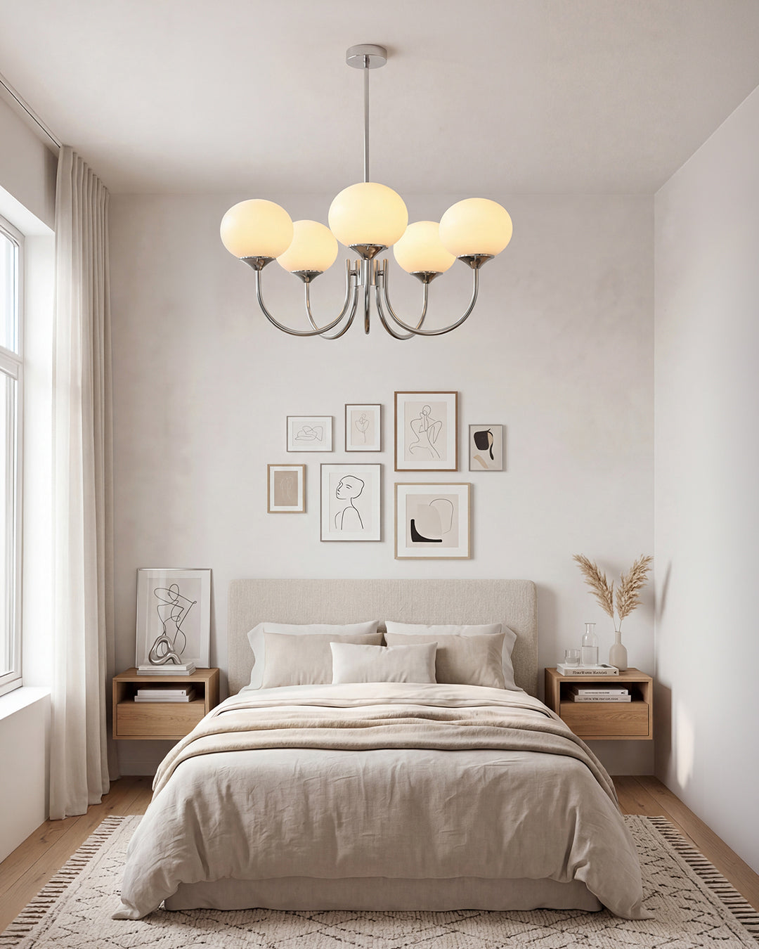 Mid-Century Glass Chandelier with Globe Shades and Polished Metal Finish – Available in Copper and Chrome with Colored Glass – 3 or 5 Arms with Adjustable Rod System | Sansoti