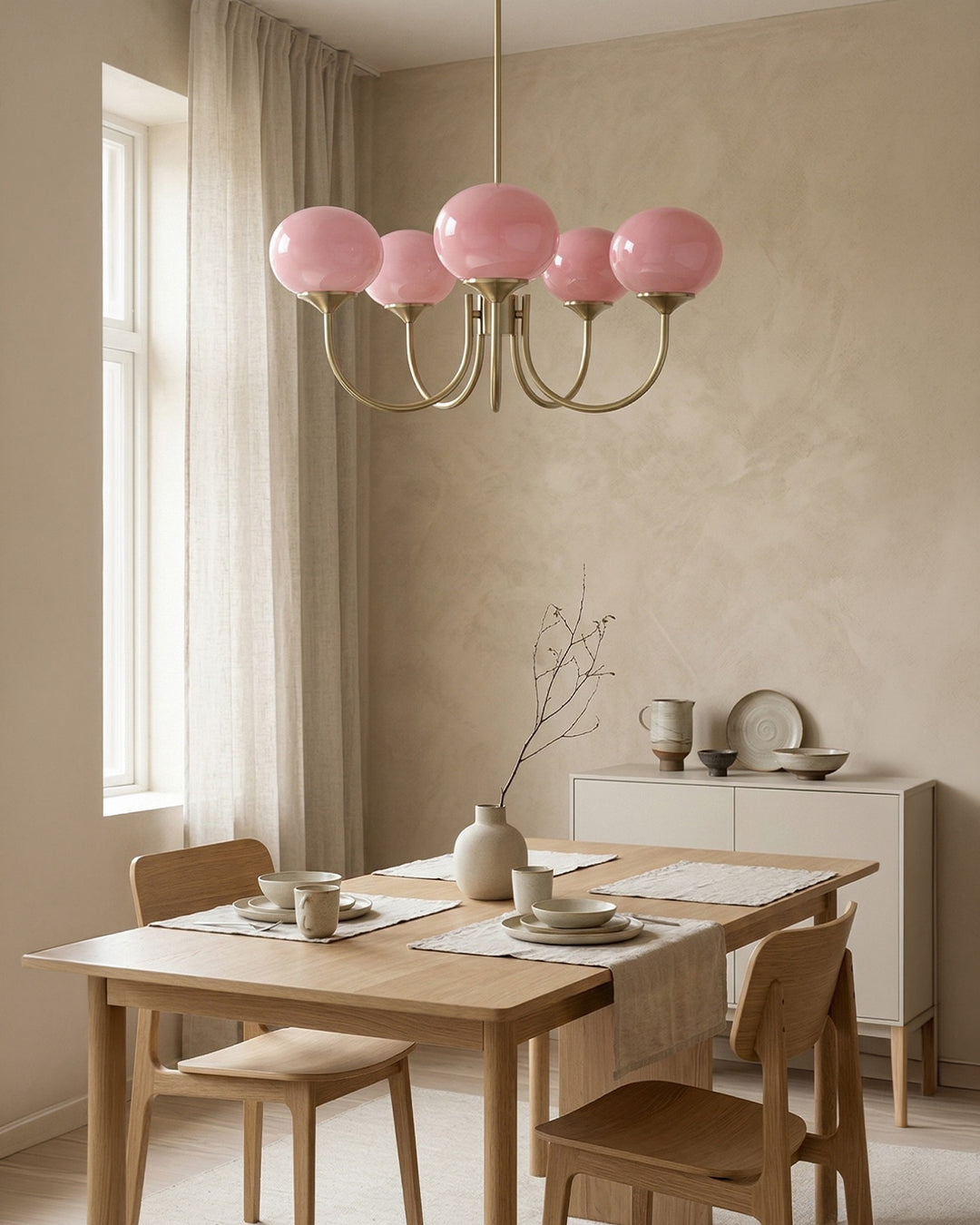 Mid-Century Glass Chandelier with Globe Shades and Polished Metal Finish – Available in Copper and Chrome with Colored Glass – 3 or 5 Arms with Adjustable Rod System | Sansoti