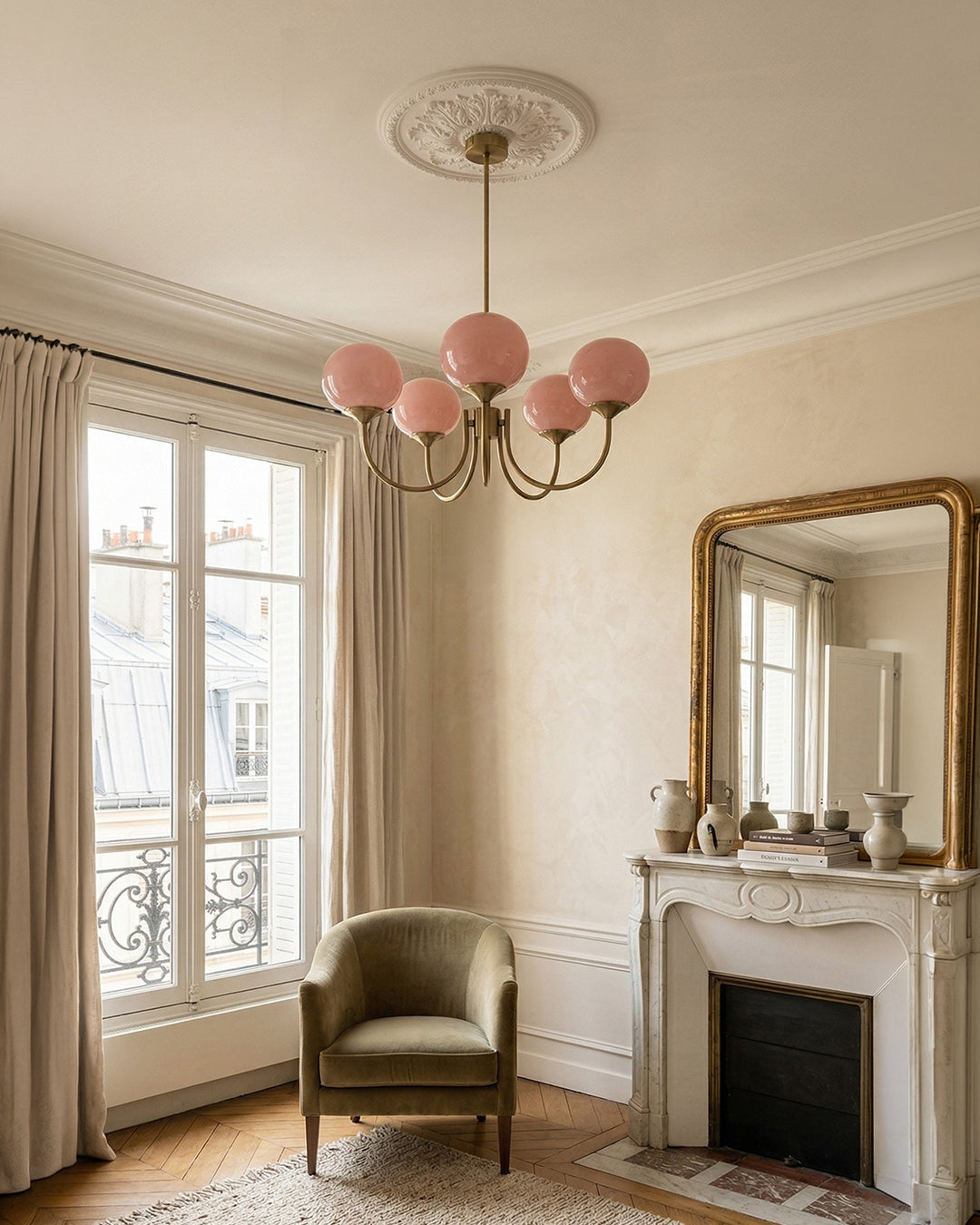 Mid-Century Glass Chandelier with Globe Shades and Polished Metal Finish – Available in Copper and Chrome with Colored Glass – 3 or 5 Arms with Adjustable Rod System | Sansoti