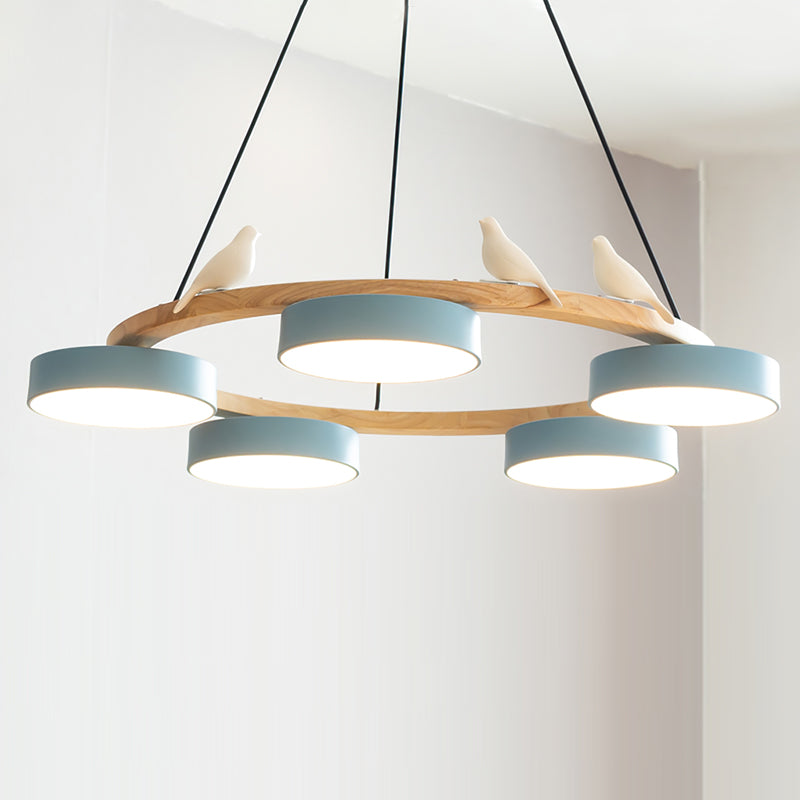 Round Pendant Lamp With Birds Wooden Ring LED 65cm 72cm | Sansoti