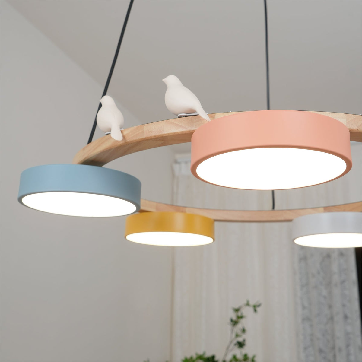 Round Pendant Lamp With Birds Wooden Ring LED 65cm 72cm | Sansoti