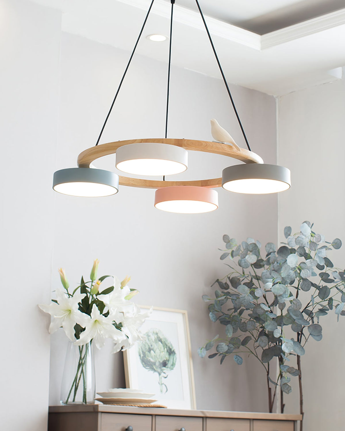 Round Pendant Lamp With Birds Wooden Ring LED 65cm 72cm | Sansoti