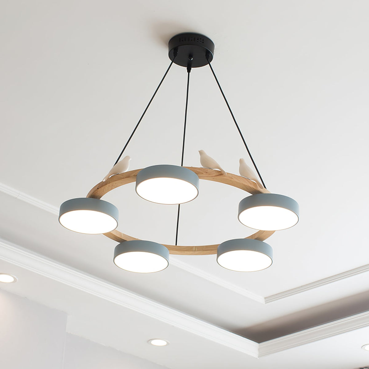 Round Pendant Lamp With Birds Wooden Ring LED 65cm 72cm | Sansoti