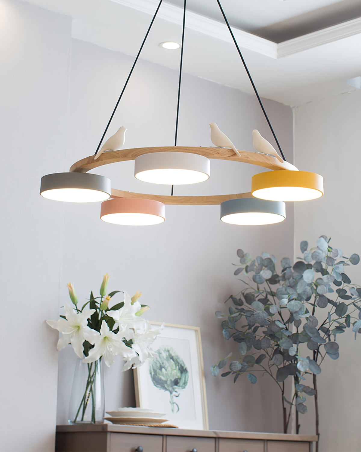 Round Pendant Lamp With Birds Wooden Ring LED 65cm 72cm | Sansoti