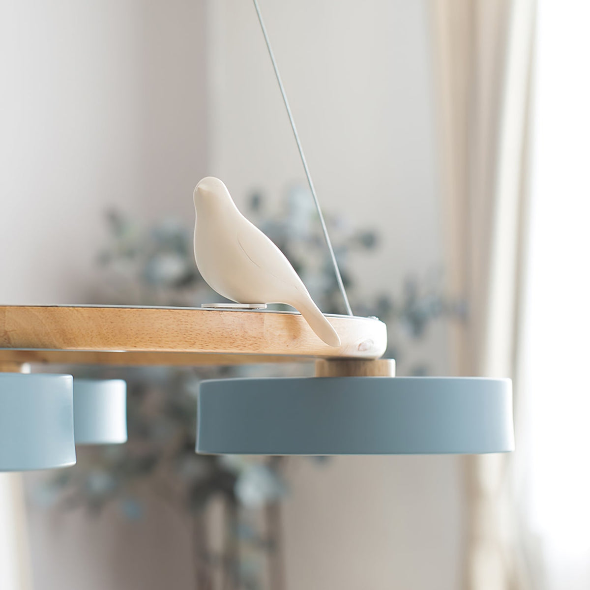 Round Pendant Lamp With Birds Wooden Ring LED 65cm 72cm | Sansoti