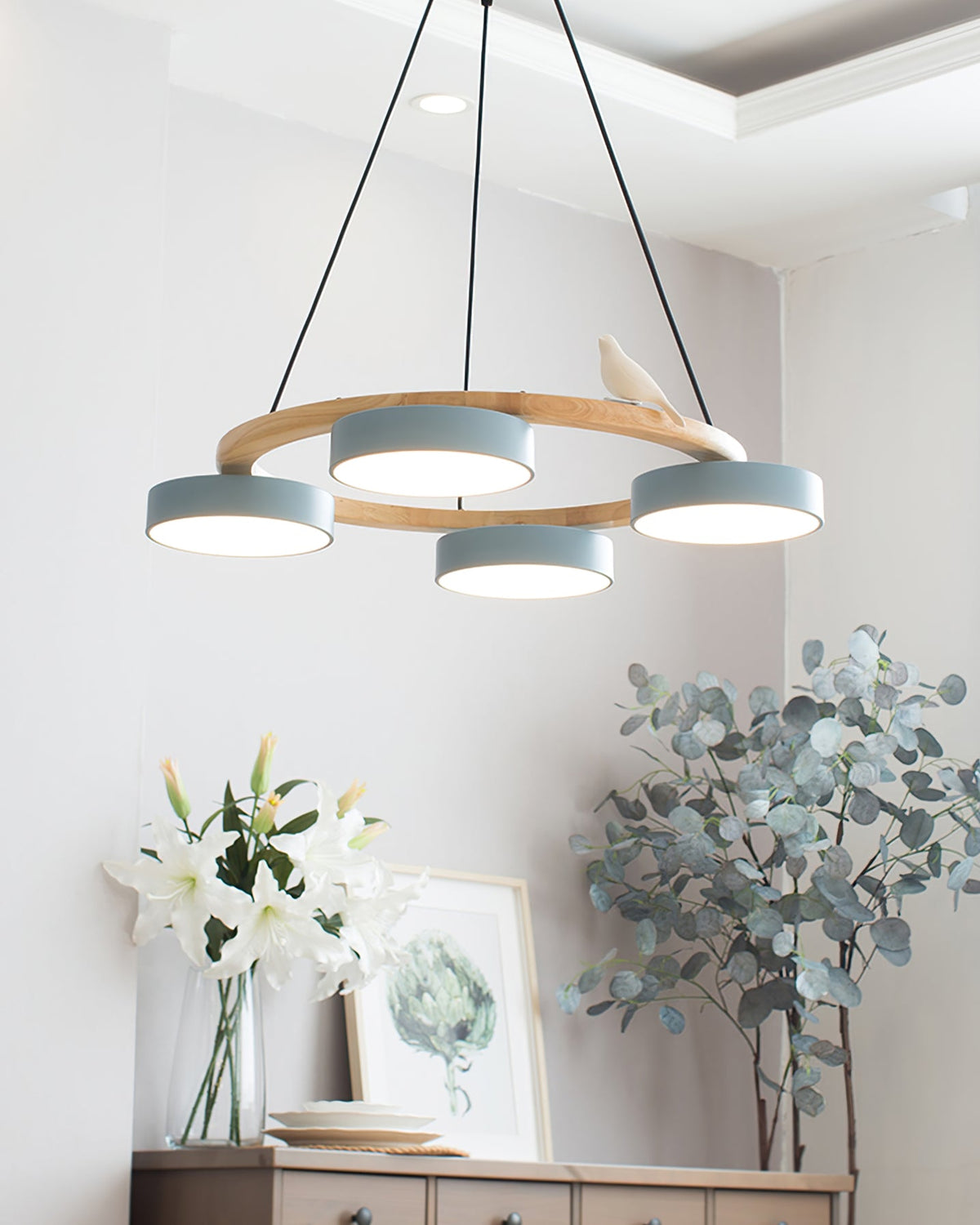 Round Pendant Lamp With Birds Wooden Ring LED 65cm 72cm | Sansoti