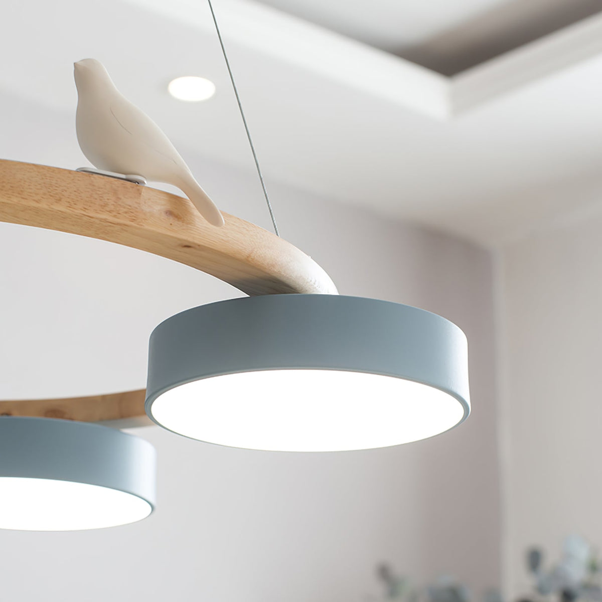 Round Pendant Lamp With Birds Wooden Ring LED 65cm 72cm | Sansoti