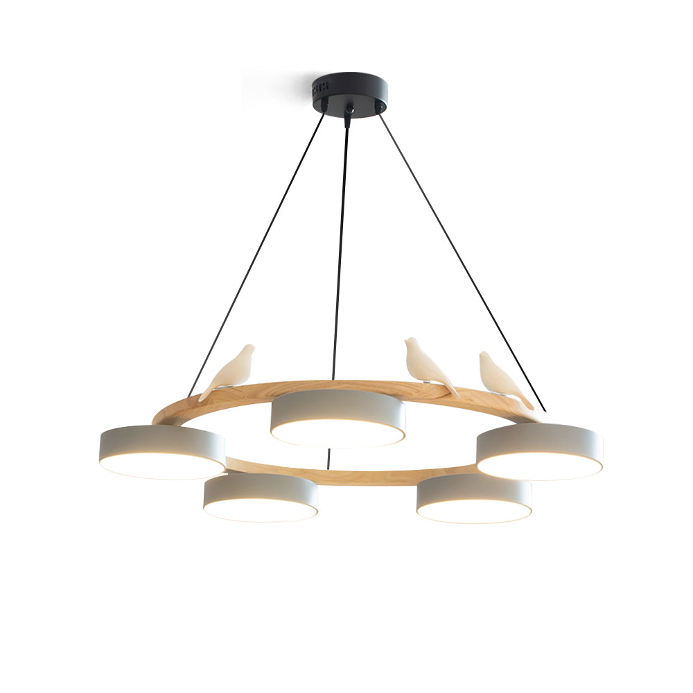 Suspension ronde avec oiseaux anneau en bois LED 65cm 72cm | Sansoti