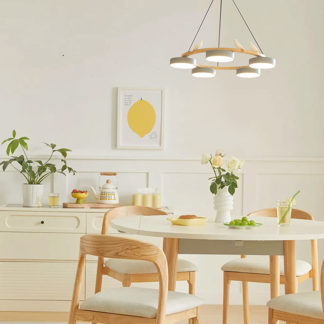 Round Pendant Lamp With Birds Wooden Ring LED 65cm 72cm | Sansoti