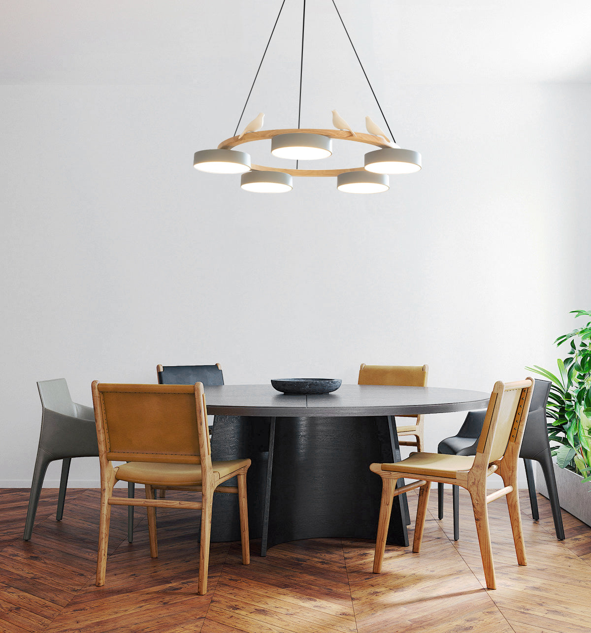 Round Pendant Lamp With Birds Wooden Ring LED 65cm 72cm | Sansoti