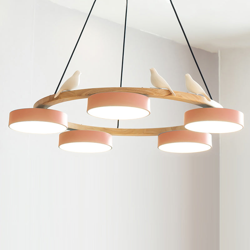 Round Pendant Lamp With Birds Wooden Ring LED 65cm 72cm | Sansoti