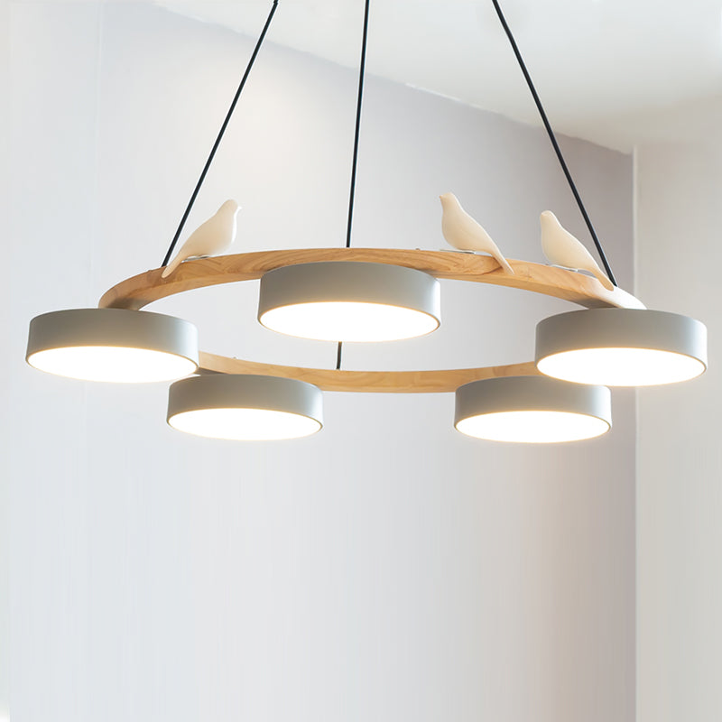 Round Pendant Lamp With Birds Wooden Ring LED 65cm 72cm | Sansoti