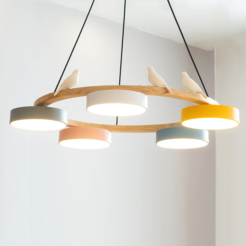 Round Pendant Lamp With Birds Wooden Ring LED 65cm 72cm | Sansoti