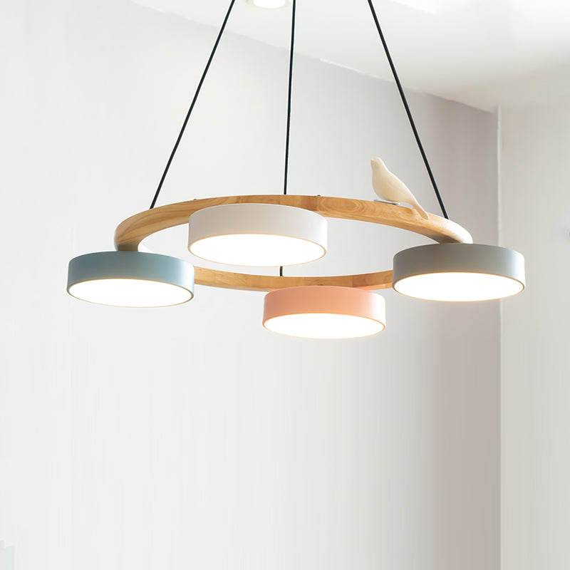 Round Pendant Lamp With Birds Wooden Ring LED 65cm 72cm | Sansoti