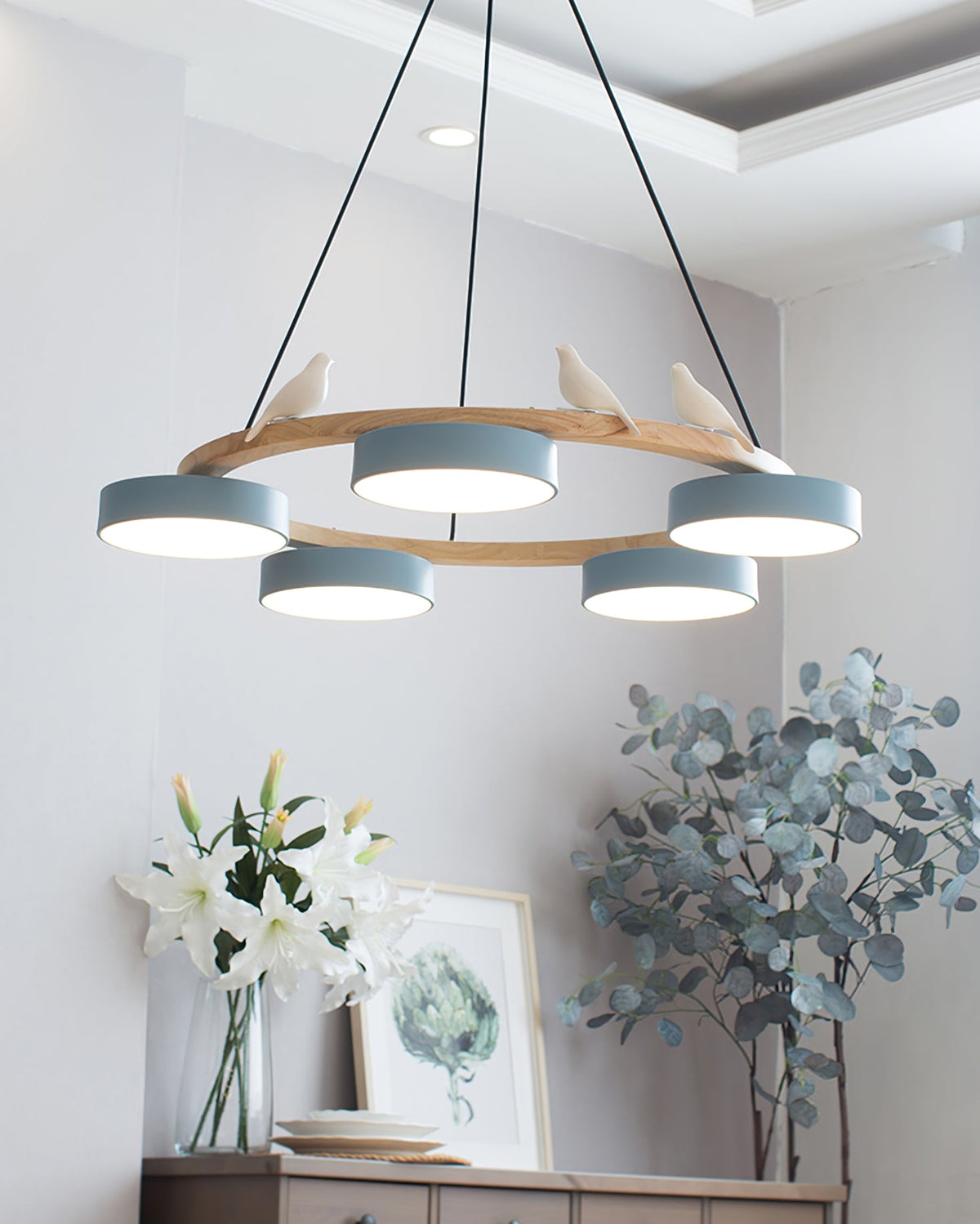 Round Pendant Lamp With Birds Wooden Ring LED 65cm 72cm | Sansoti