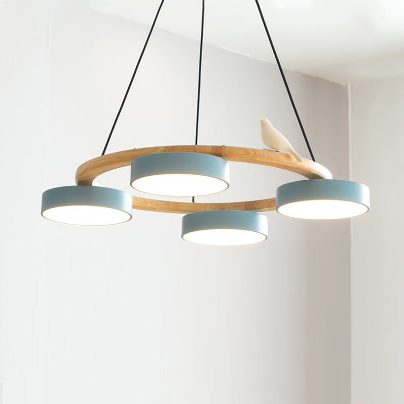 Round Pendant Lamp With Birds Wooden Ring LED 65cm 72cm | Sansoti