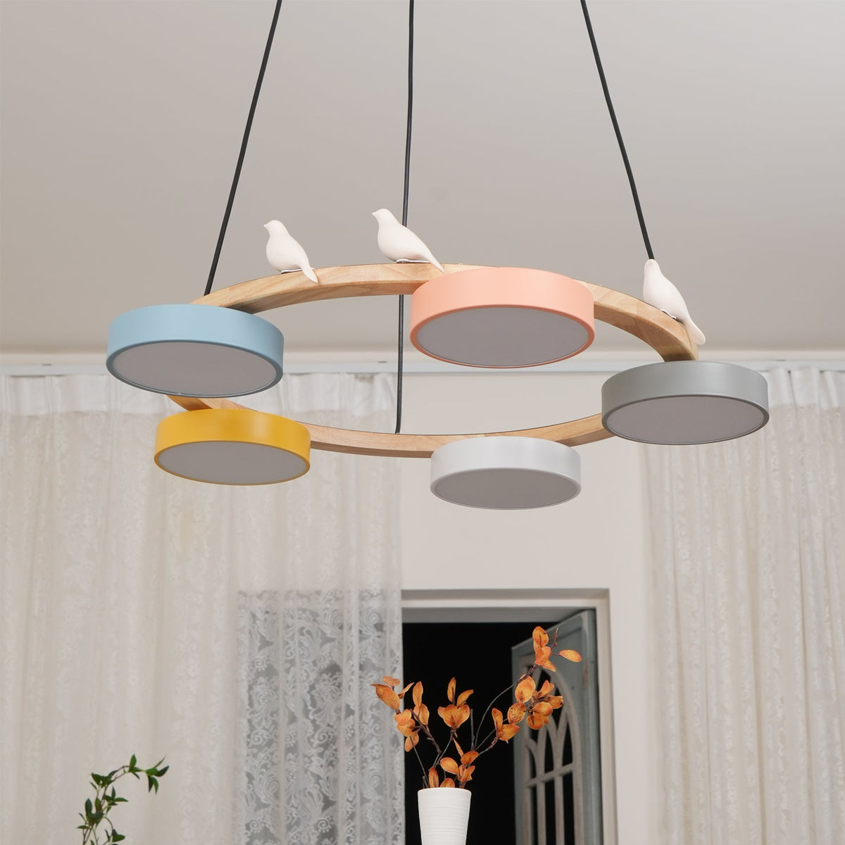 Round Pendant Lamp With Birds Wooden Ring LED 65cm 72cm | Sansoti