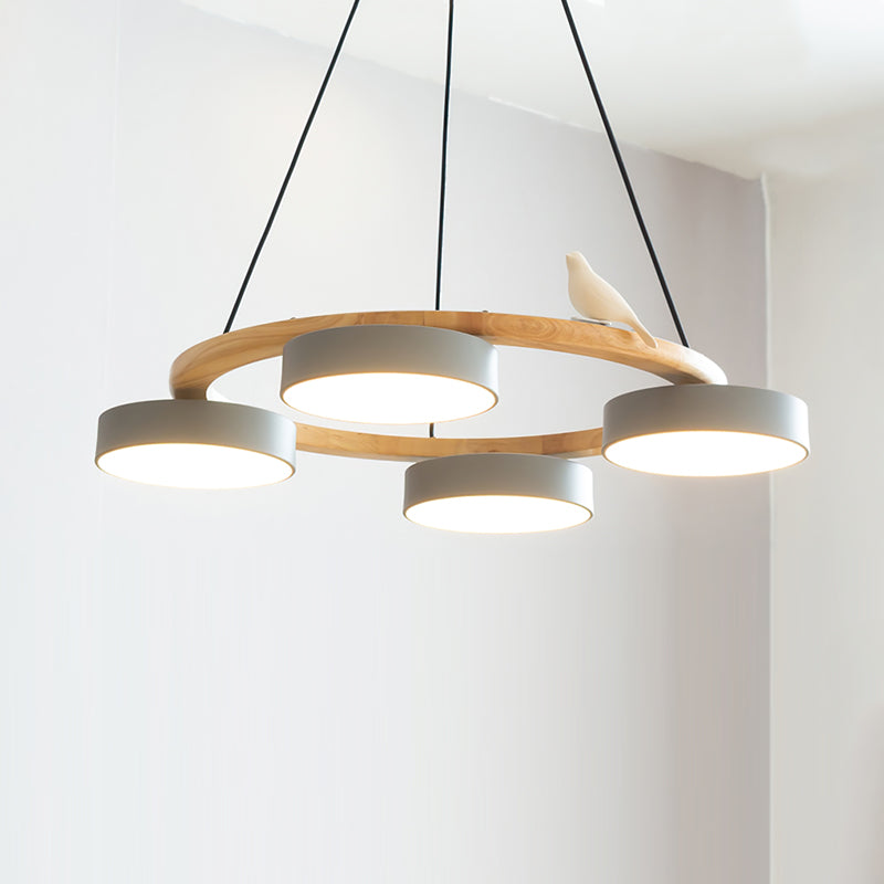 Round Pendant Lamp With Birds Wooden Ring LED 65cm 72cm | Sansoti